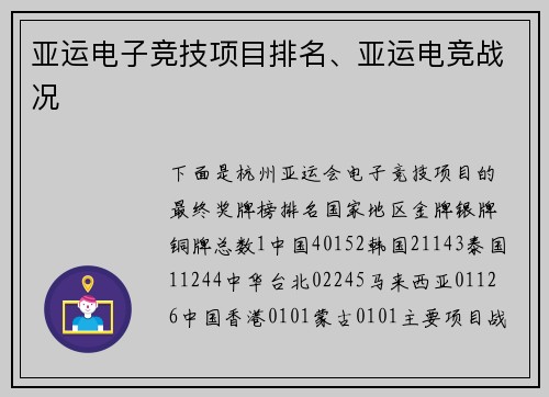 亚运电子竞技项目排名、亚运电竞战况